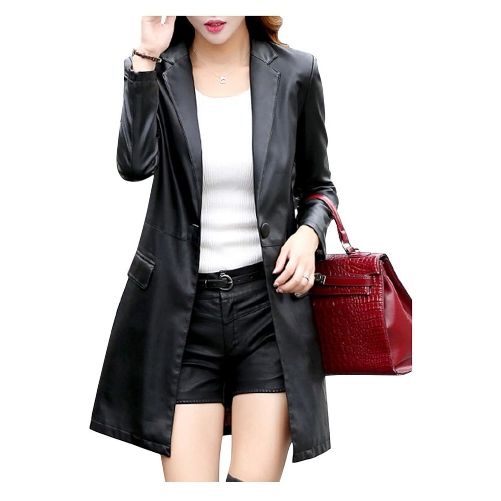 Tanming Womens PU Faux Leather Jacket Casual Lapel Suit Trench‎ Coat Outerwear